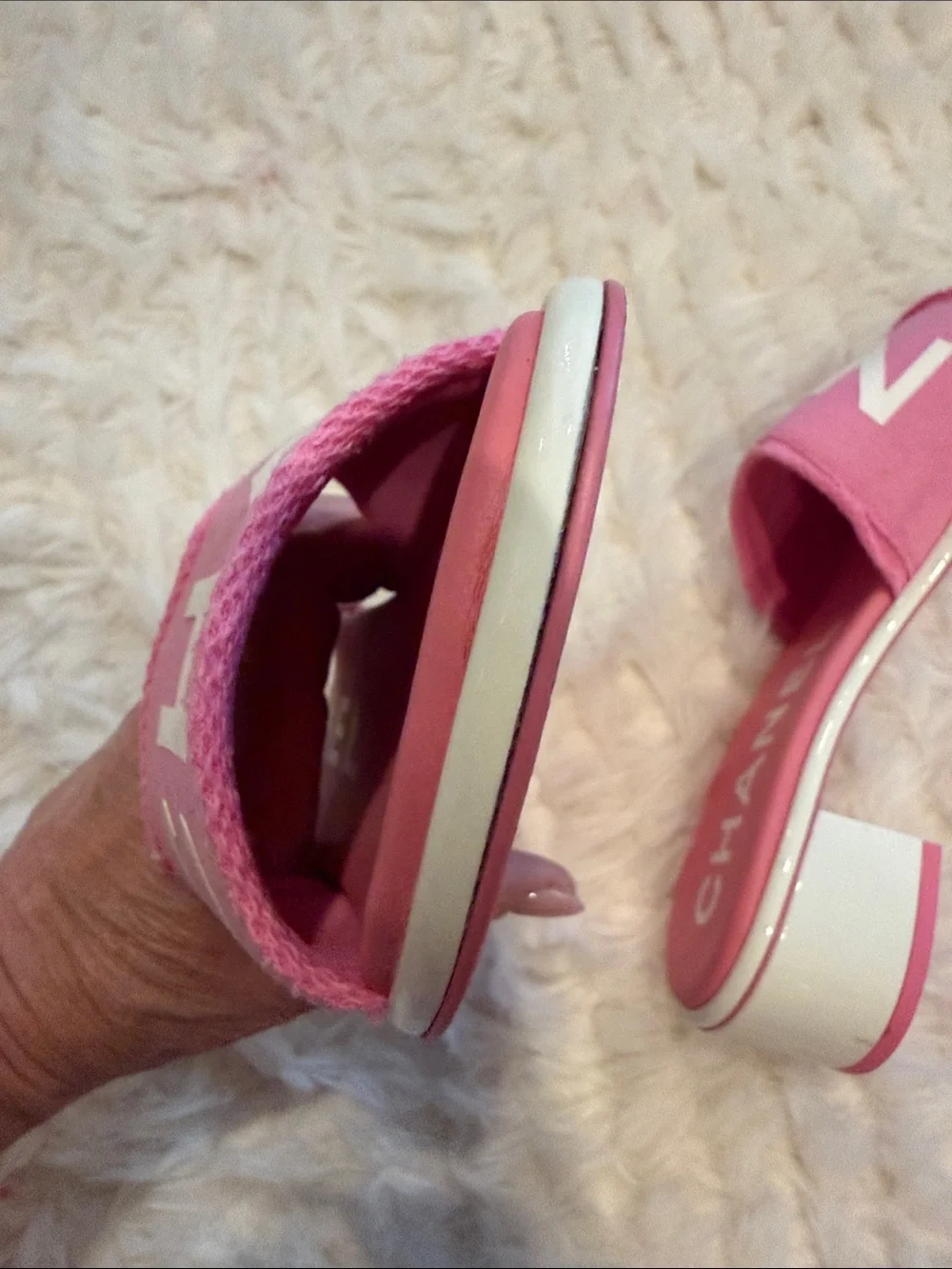 CHANEL Pink Logo Slide Sandals…